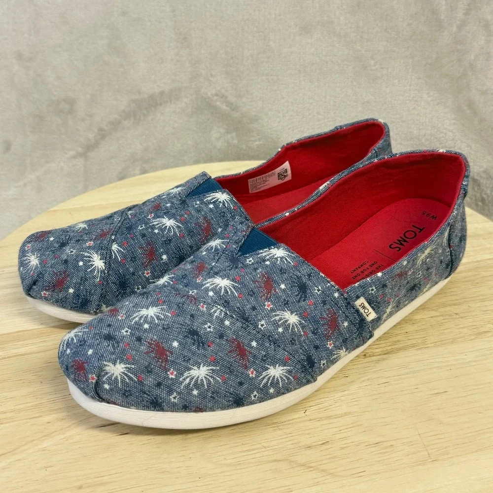 TOMS Womens 9.5 Blue Firework Patriotic Fourth of July Alpargata Slip On Shoes